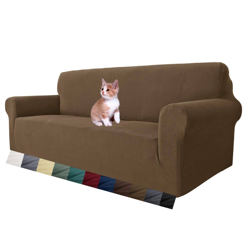 MAXIJIN Super Stretch Couch Cover for 3 Cushion Couch, 1-Piece Universal Sofa Covers Living Room Jacquard Spandex Furniture Protector Dogs Pet Friendly Fitted (Large, Brown) - Image 1